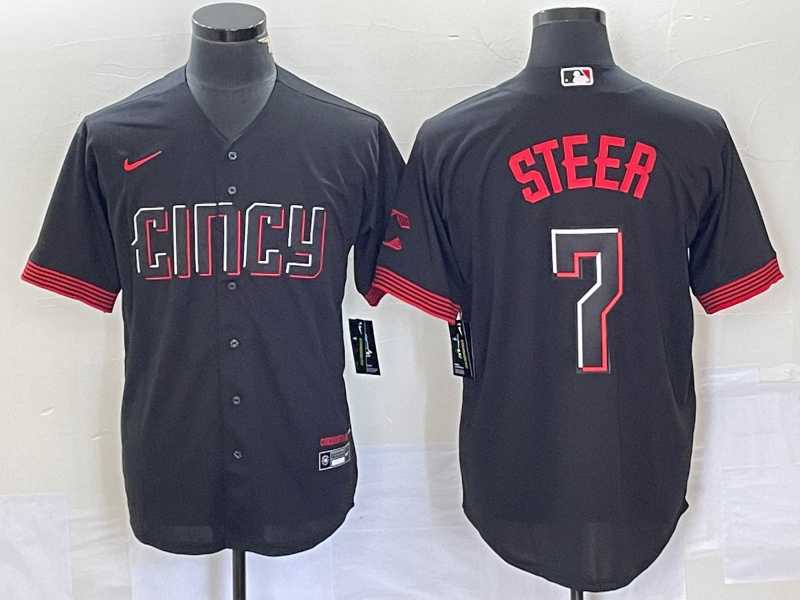 Men%27s Cincinnati Reds #7 Spencer Steer Black 2023 City Connect Cool Base Stitched Baseball Jersey 1